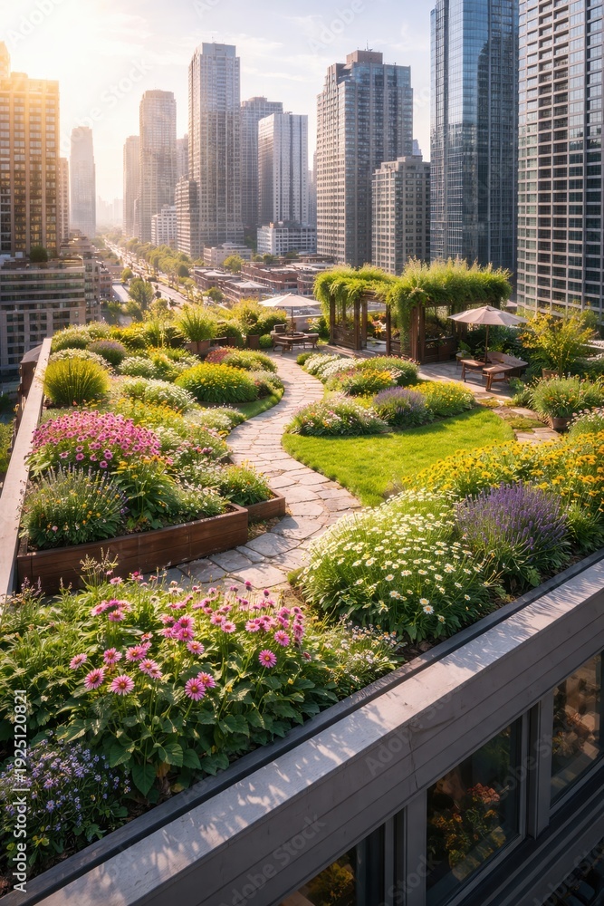 Fototapeta premium City rooftop garden with green space and urban buildings in background 
