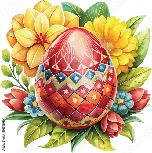 Ukrainian Pysanka Easter Egg surrounded by Flowers Watercolor Vector Illustration