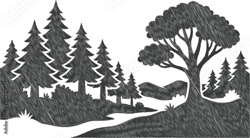 Tranquil Woodland Tree Path Scribble Embroidery Landscape Design
