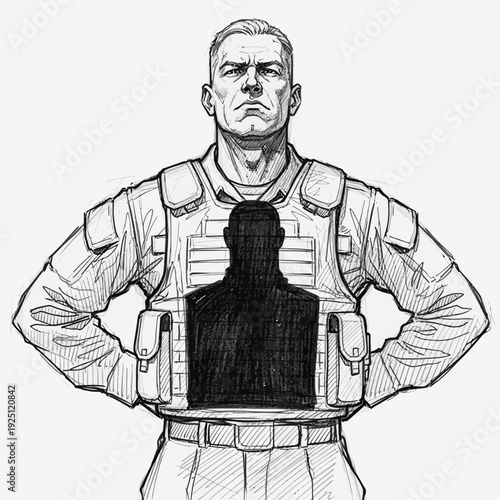 Soldier with dark silhouette inside body armor, concept of inner self or hidden trauma