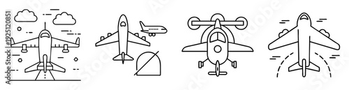 Simple black and white outlines of various airplanes and a nondrone zone