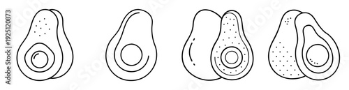Black and white drawing of halved avocados with pits on a white background