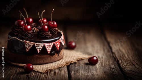 Delicious chocolate cake with fresh cherries on a rustic wooden tabletop
