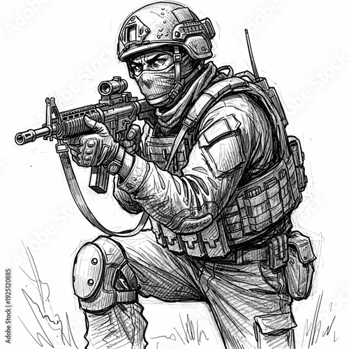 Soldier with rifle aiming, military sketch