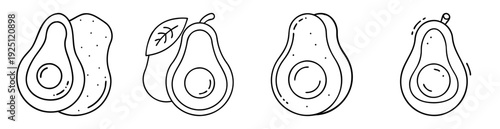 Line art illustration showcasing several avocados in different styles and presentations