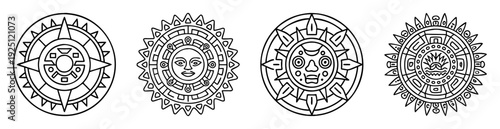Four unique Aztec sun stones featuring different artistic and symbolic representations