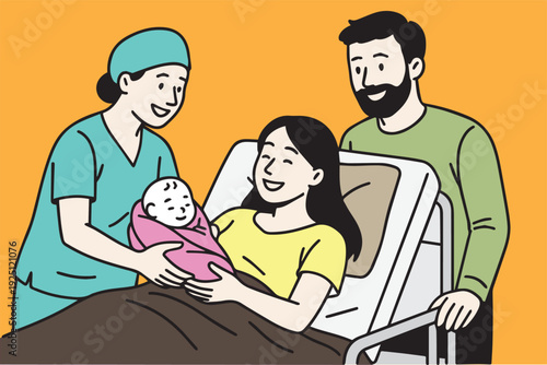A simple vector illustration of a mother gazing at her newborn, accompanied by her husband and a nurse, expressing warmth, care, and family joy.