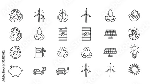 Iconographic collection of renewable energy and sustainable living symbols