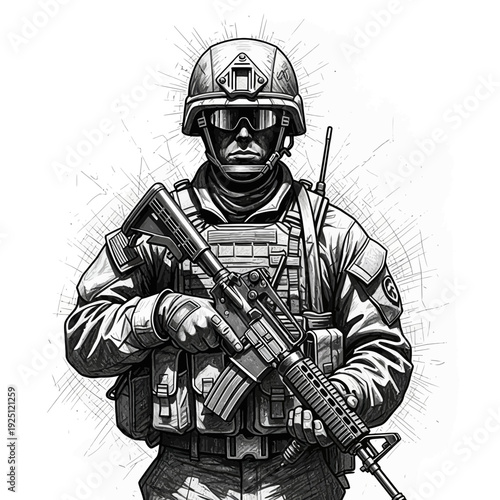 Soldier with Rifle, Military Helmet and Goggles