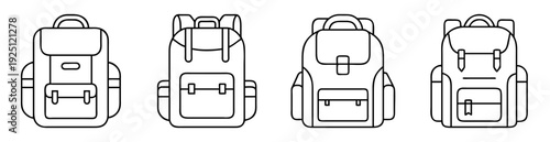 Four monochrome backpacks in a row with various pocket and strap designs