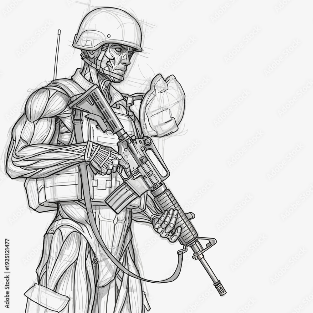 Fototapeta premium Soldier with visible muscles and rifle, sketch style