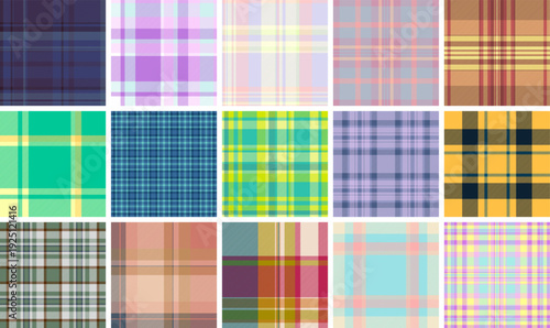 Plaid pattern collection for digital spring products. Works for mockups, downloadable designs, and printable kits. Vector adaptability ensures compatibility.