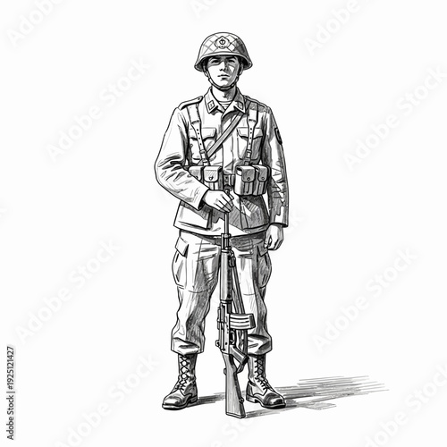 Soldier with Rifle, Vintage Sketch Style