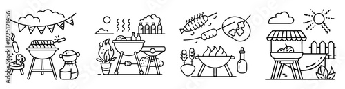 Collection of four barbecue scenes in black and white line art