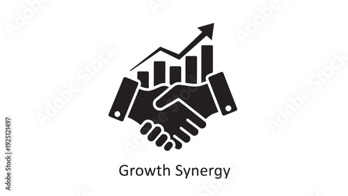 A professional handshake with a rising graph arrow, symbolizing business growth and partnership synergy in a simple black and white design.