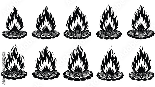 Collection of miniature dice featuring flame symbols for tabletop gaming or fantasy role-playing