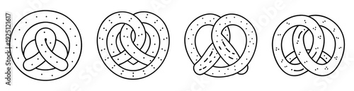 Four Line Art Pretzel Variations with Salt Grain Designs on White Background