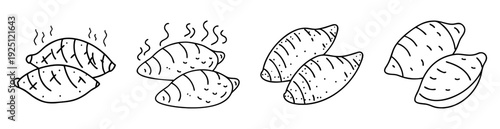 Black and white line art illustration of sweet potatoes in pairs