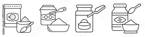 Black and white outline illustration of baking ingredients with jars and spoons