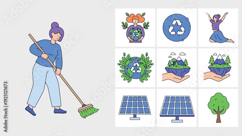 Illustrated depiction of various cleaning and maintenance activities for home and health