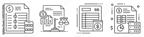 Financial Accounting and Legal Compliance Icons Set, Business Finance, Investment Analytics