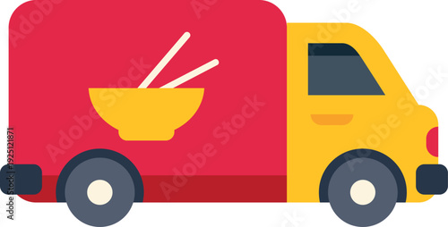 Flat vector illustration of a red and yellow delivery truck featuring a noodle bowl logo