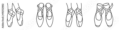 Line art illustration featuring multiple pairs of ballet shoes, showcasing elegance