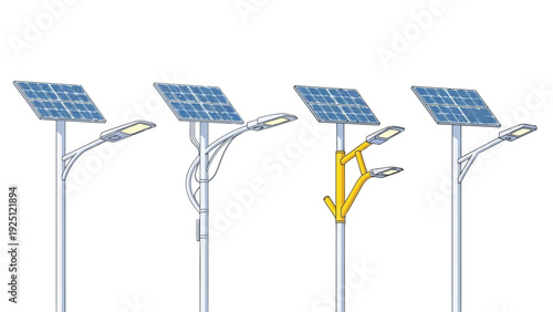 Modern streetlights with a solar-powered lamp in a row of four illuminated fixtures