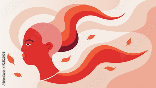 Vector illustration of human face in side profile exhaling warm air shaped as flowing red chili curves