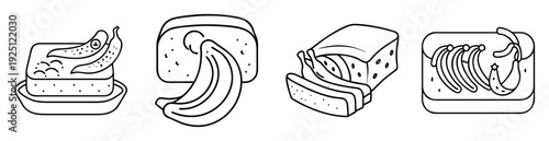 Stylized black and white line art depicting banana bread and bananas