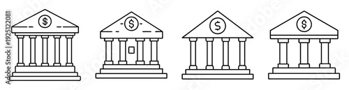 Four variations of a bank or financial institution icon in outline style