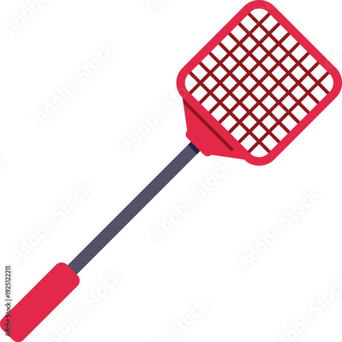 Red fly swatter with a long black handle designed for pest and insect control use