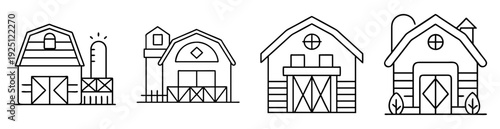 Line art illustration showing four different barns with unique designs and styles