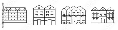 Stylized line drawing of four different multi story building facades