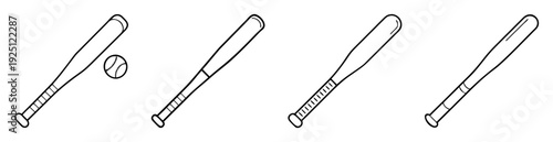 Line art illustration featuring baseball bats and a baseball on a white background