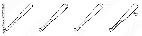 Four illustrations of baseball bats with progressive grip designs and a baseball