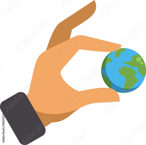 Stylized hand delicately holding a small earth globe symbolizing global influence and unity