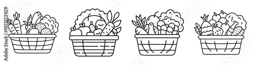 Four baskets filled with a variety of fresh produce and fruits illustration