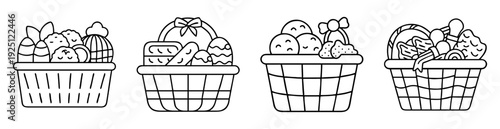 Four line art illustrations of assorted Easter baskets filled with treats