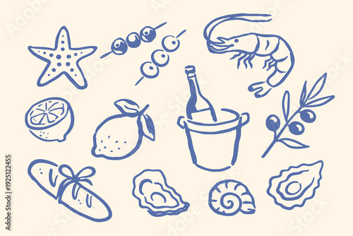 Mediterranean seafood wine doodle set vector illustration