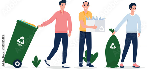 Group of diverse people actively participating in waste management by using a recycling bin, carrying a box of recyclables, and holding a trash bag.