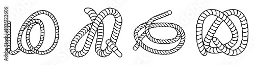 Four different arrangements of thick marine rope in simple black and white