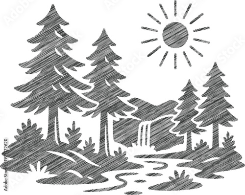 Serene Forest Waterfall Sun Scribble Embroidery Landscape Vector