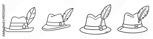 Line art illustration of traditional Tyrolean hats with feathers for Oktoberfest