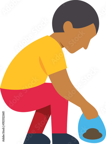 Person bending down, cleaning up pet waste from the ground, practicing responsible ownership