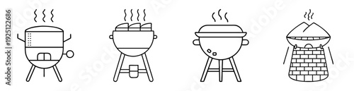 Line art illustration of four distinct styles of barbecues and grills