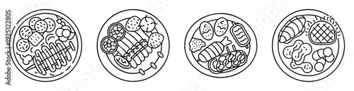 Four round plates showing different types of food ingredients and meals