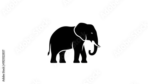 Majestic elephant silhouette with tusks on white background