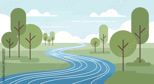 Winding River Through Green Landscape With Trees