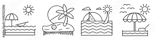 Doodle style beach scenes with sun, waves, palm trees and umbrella